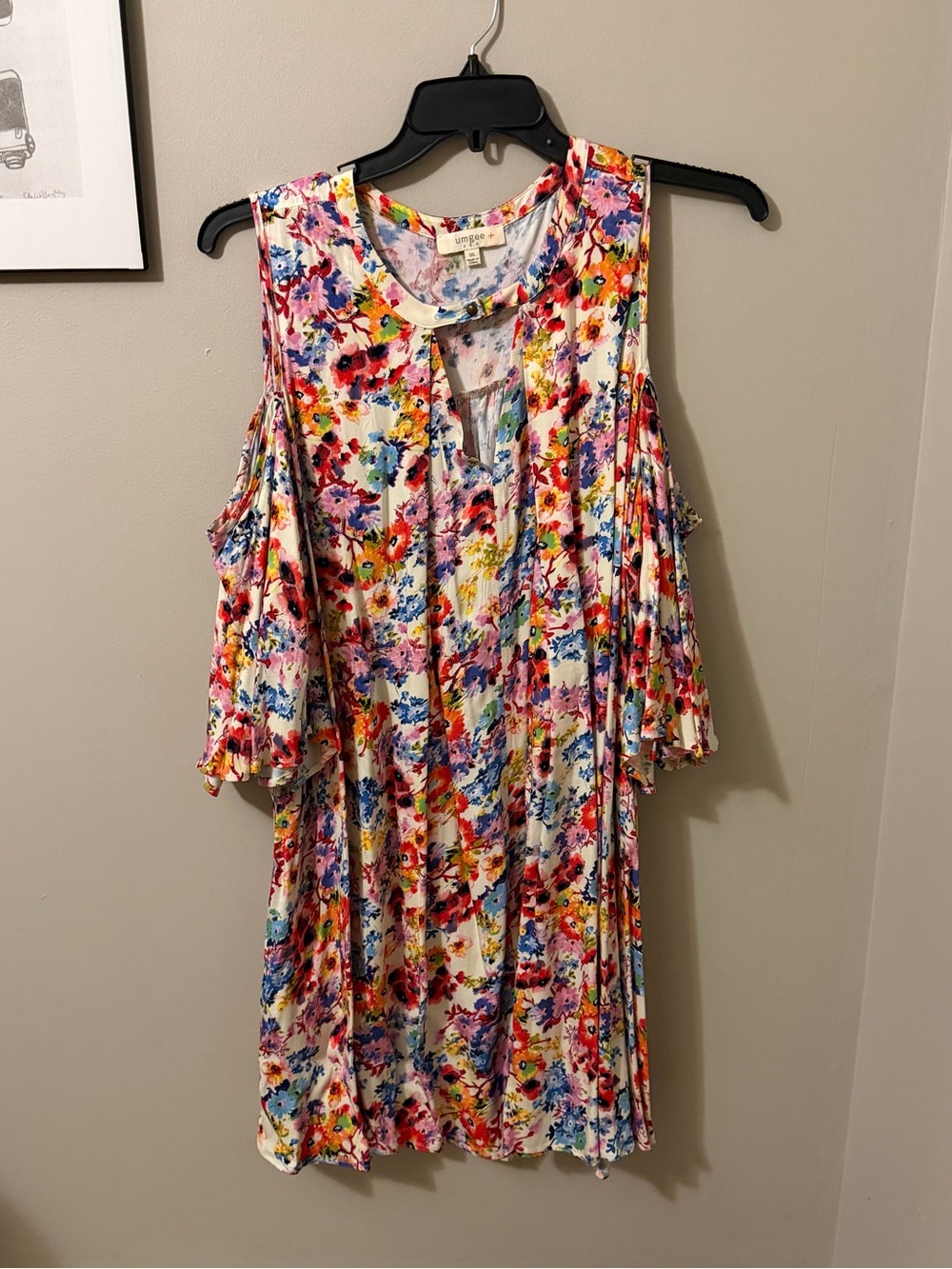Umgee White Multicolor Floral Ruffle Cold-Shoulder Dress